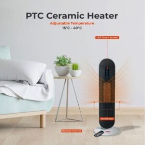 PTC Ceramic Heater Portable Oscillating Tower Space Heater 2000W Electric Heater Energy Efficient 2000W, Portable PTC Ceramic Heater for indoor use with Oscillation, LCD Display Timer and Remote Control – Black fan