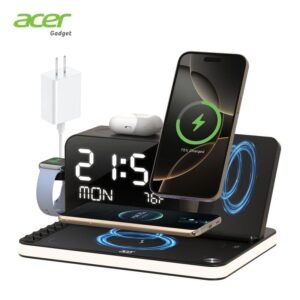 Acer 7-in-1 vezeték nélküli töltőállomás, MagSafe dupla telefon töltő éjjeli lámpával, Bluetooth időszinkronizációval az iPhone 17/16/15/14/13/12 sorozathoz, az AirPods-hoz, az iWatch-hoz és az Android telefonokhoz, fekete USB elektronikus okostelefon vezeték nélküli óra töltő – Dealsforyoudays